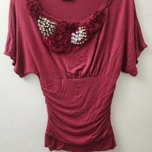 Deep Burgundy Red Ladies Top M Rhinestone & Fabric Flowers Embellished  Ruched